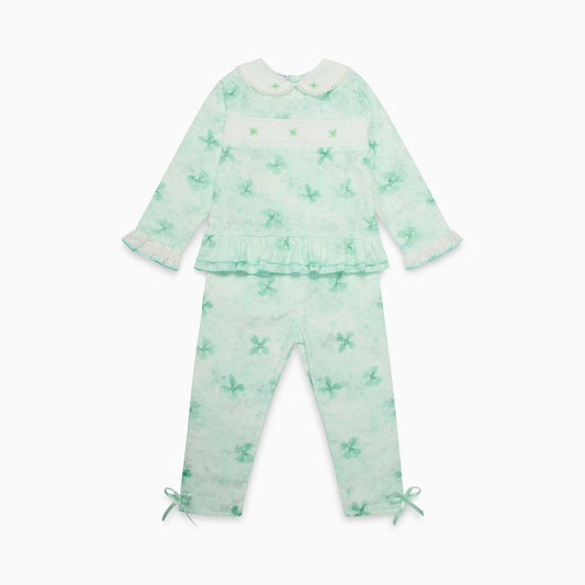 Girls 2 Piece Mint Green Smocked Bow Set