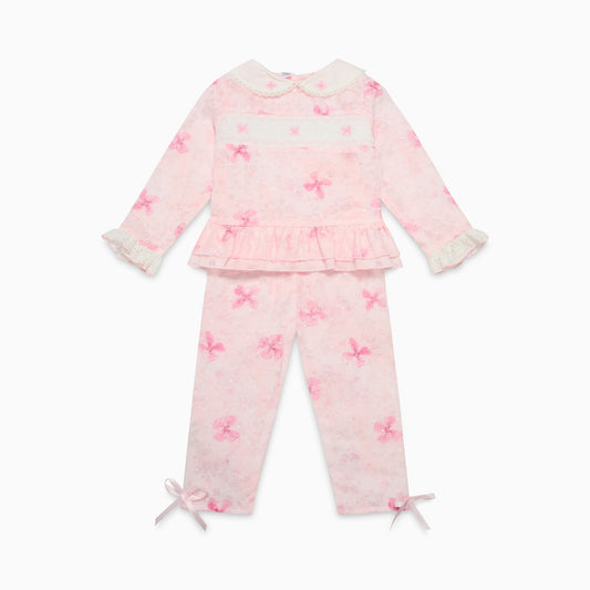 Girls 2 Piece Pink Smocked Bow Set