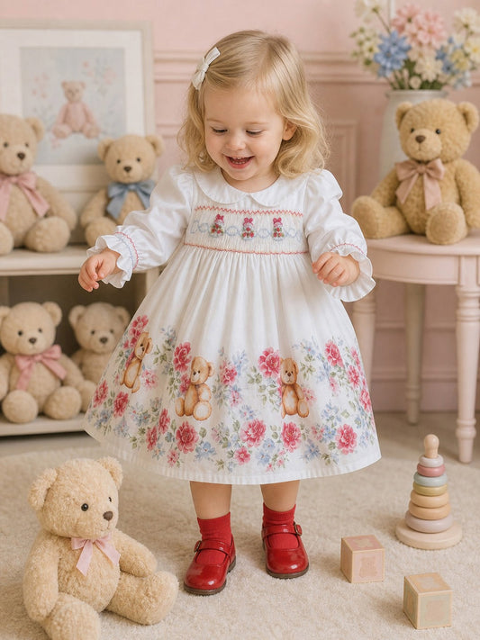 Girls Long Sleeved Teddy Bear Print Smocked Dress