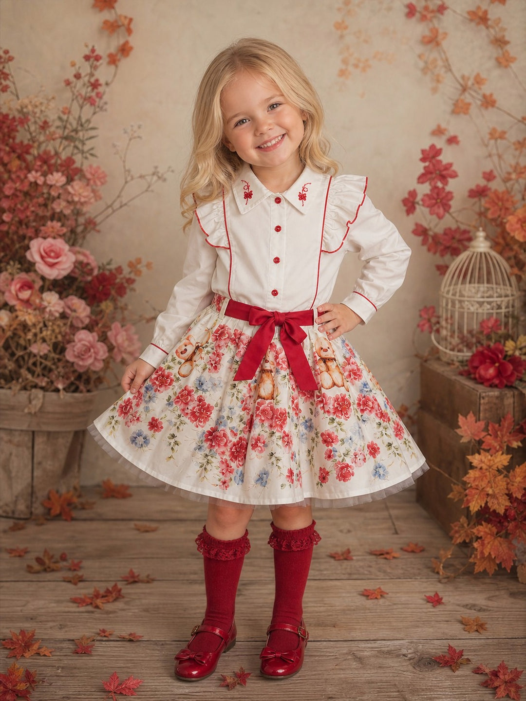 Girls Red Teddy Bear Print Skirt & Blouse Set