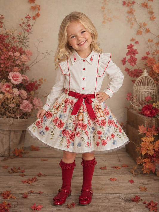 Girls Red Teddy Bear Print Skirt & Blouse Set