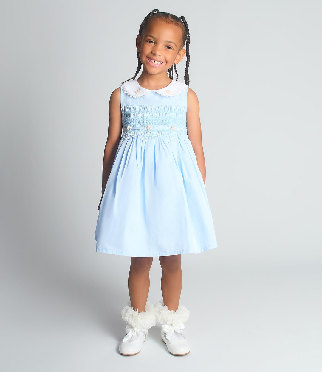 Girls Pastel Blue Cotton Smocked Dress