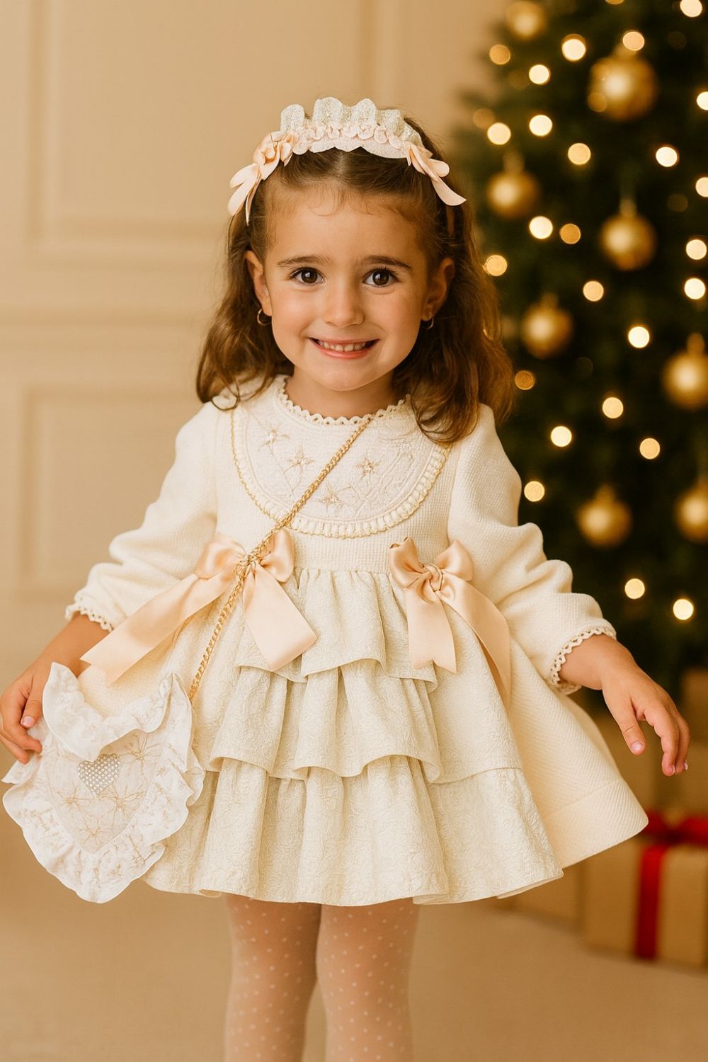 Girls Cream & Golden Dress AW (Made to order)