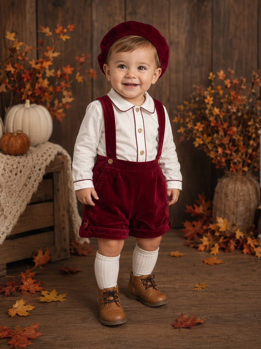 Boys Garnet Red Velvet Short Dungarees, Shirt & Hat Set
