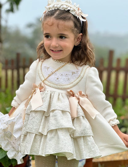 Girls Cream & Golden Dress AW (Made to order)