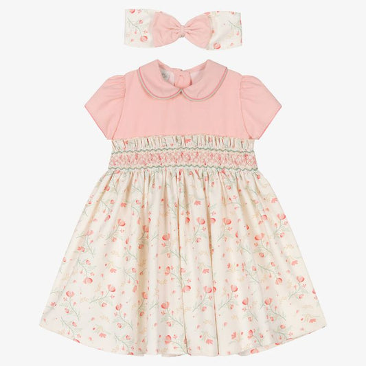 Girls Floral Smocked Embroidered Dress Set