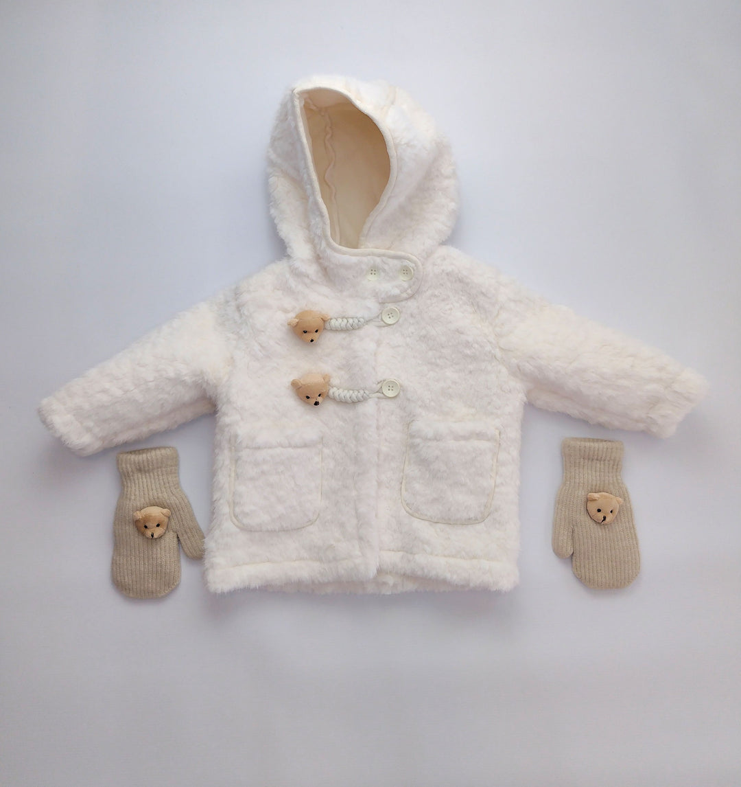 Girls Teddy Bear Faux Fur Coat & Mittens Set