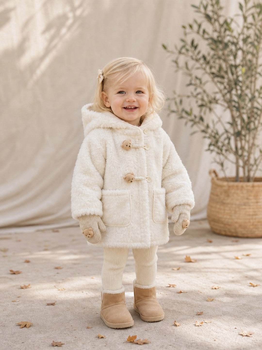 Girls Teddy Bear Faux Fur Coat & Mittens Set