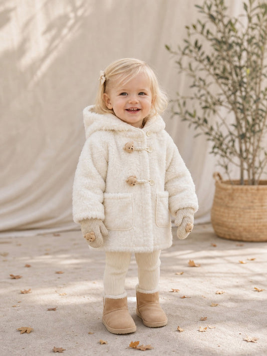 Girls Teddy Bear Faux Fur Coat & Mittens Set