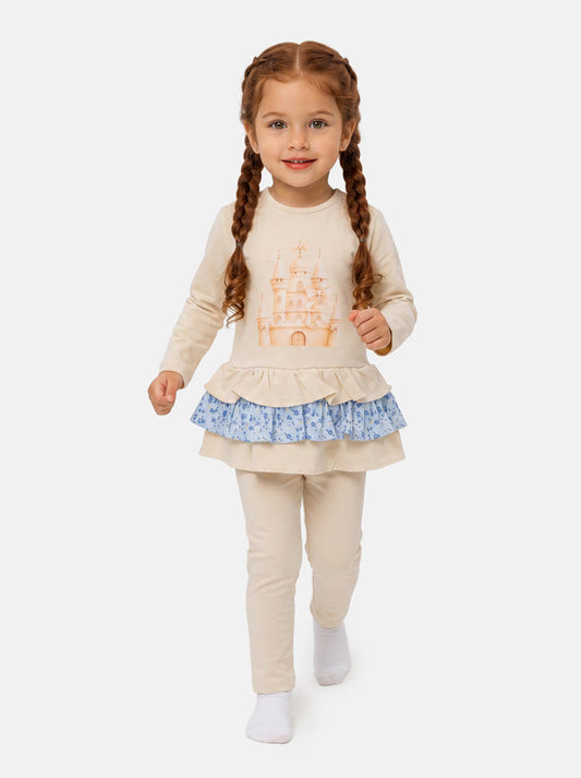 Girls Beige Castle Top & Leggings Set