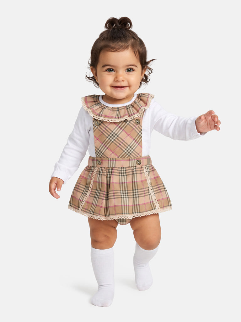 Babygirls Beige 2 Piece Tartan Romper