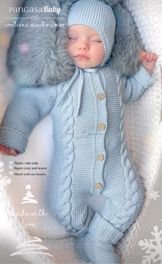 Pangasa Powder Blue Fur Cable Knitted Pramsuit - Preorder
