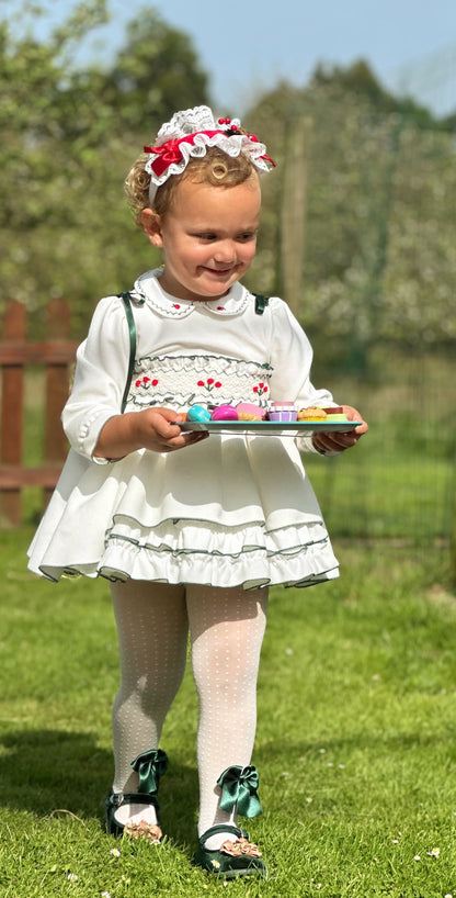 Girls White & Bottle Green Velvet Smocked Dress AW (Made to order)