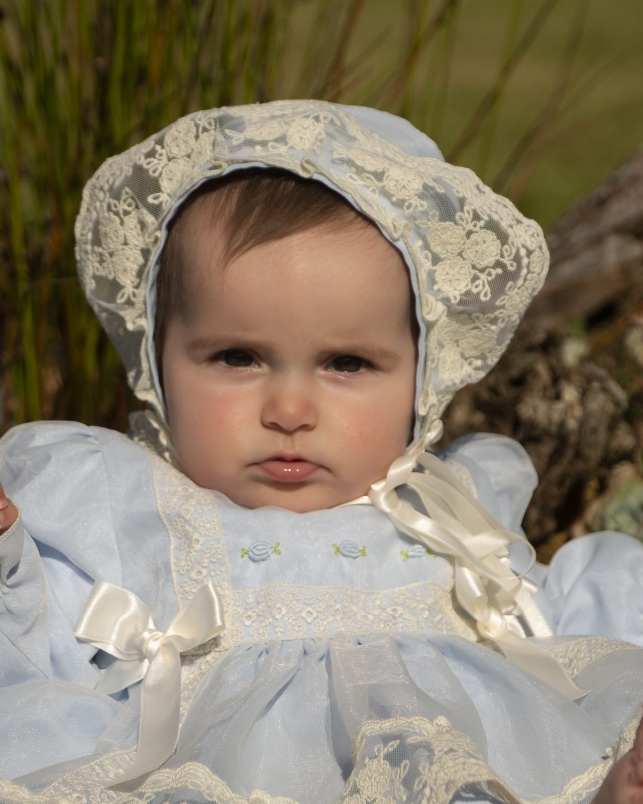 Baby Blue Embroidered Puffball Dress, Knickers & Bonnet AW (Made to order)