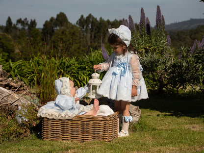Baby Blue Embroidered Puffball Dress, Knickers & Bonnet AW (Made to order)