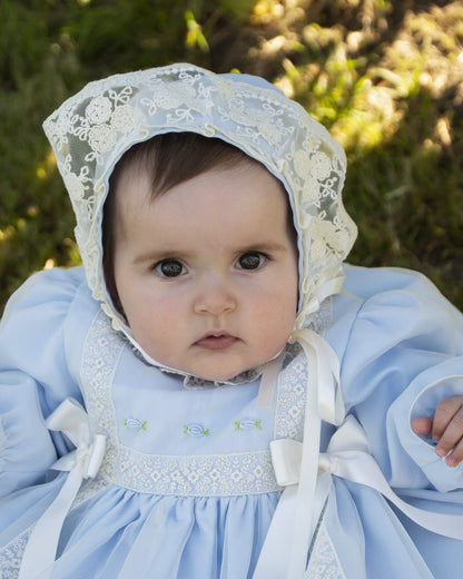 Baby Blue Embroidered Puffball Dress, Knickers & Bonnet AW (Made to order)