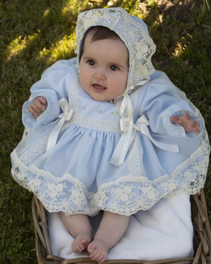Baby Blue Embroidered Puffball Dress, Knickers & Bonnet AW (Made to order)