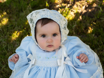 Baby Blue Embroidered Puffball Dress, Knickers & Bonnet AW (Made to order)