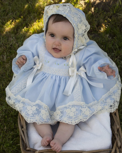 Baby Blue Embroidered Puffball Dress, Knickers & Bonnet AW (Made to order)