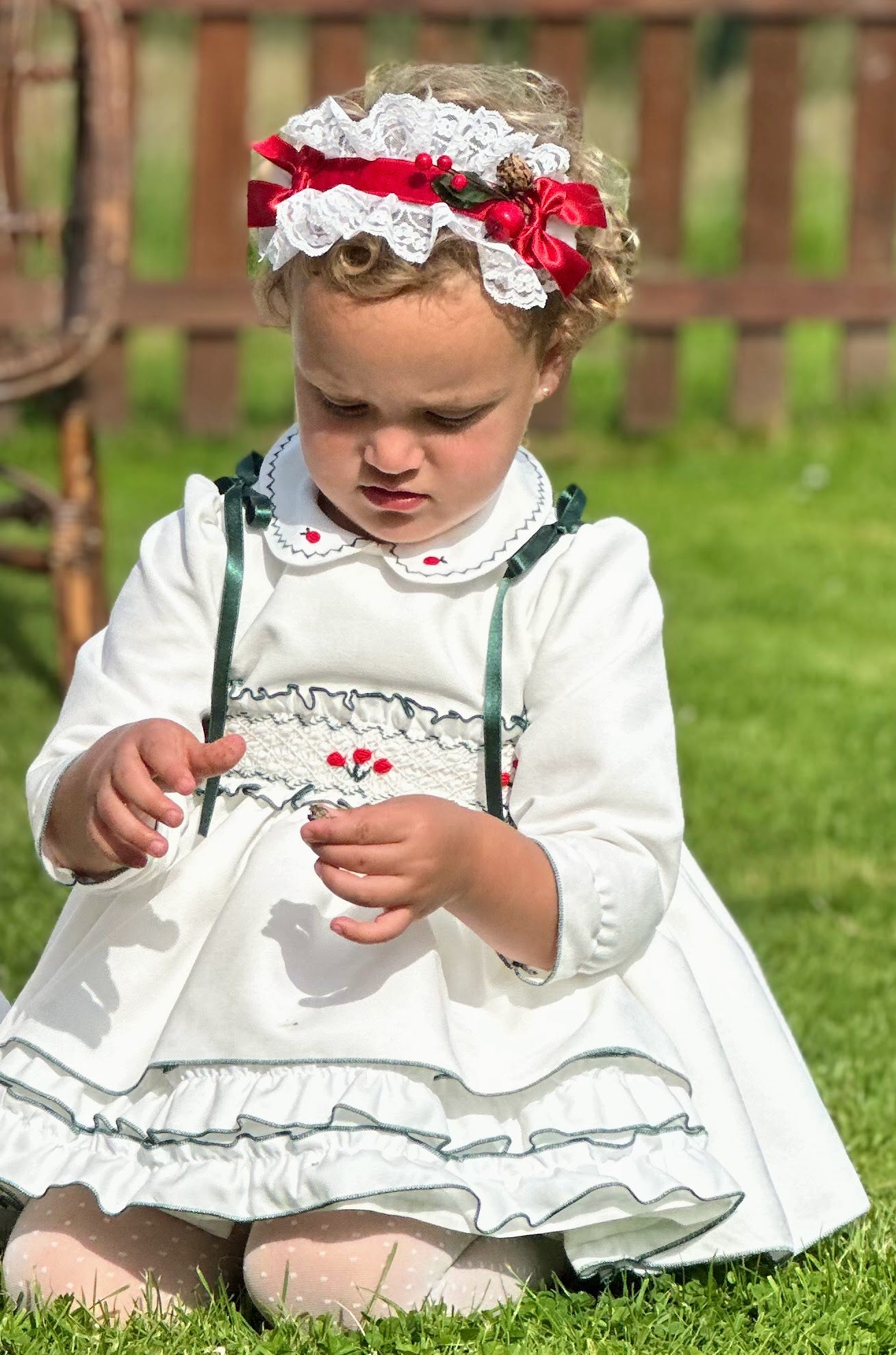 Girls White & Bottle Green Velvet Smocked Dress AW (Made to order)