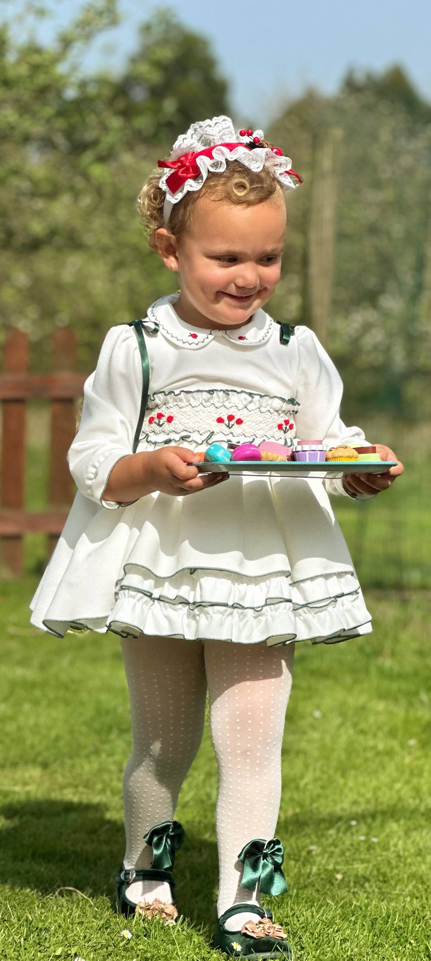 Girls White & Bottle Green Velvet Smocked Dress AW (Made to order)