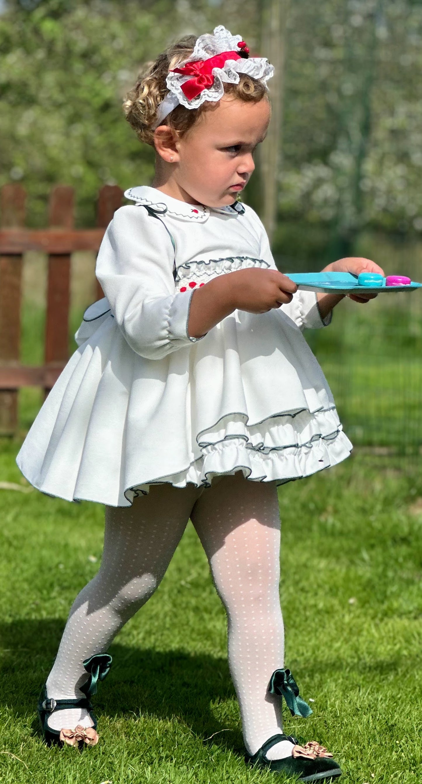 Girls White & Bottle Green Velvet Smocked Dress AW (Made to order)