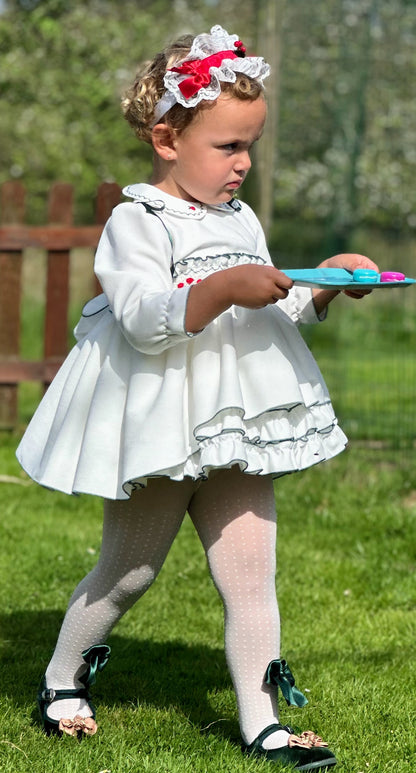 Girls White & Bottle Green Velvet Smocked Dress AW (Made to order)