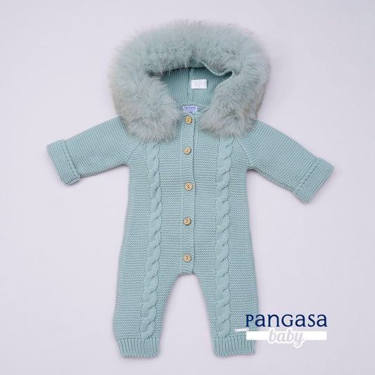 Pangasa Powder Green Fur Cable Knitted Pramsuit - Preorder