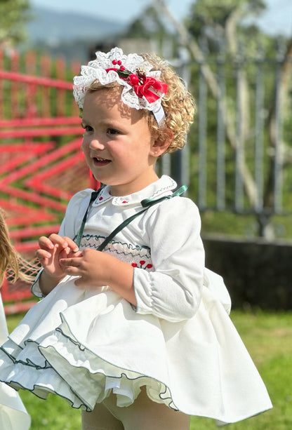 Girls White & Bottle Green Velvet Smocked Dress AW (Made to order)