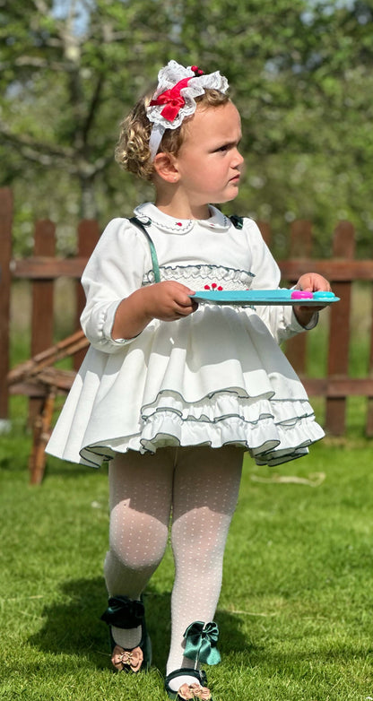 Girls White & Bottle Green Velvet Smocked Dress AW (Made to order)
