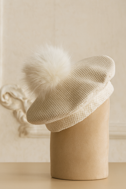 Girls Cream Pom Beret Hat AW25 (Made To Order)