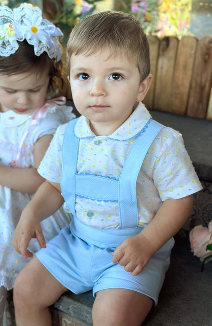 Boys Blue Handmade Multicoloured Plumetti Shirt & H-Bar Set - (Made To Order)