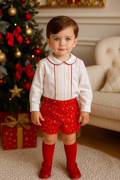 Boys Red Stars Handmade Shirt & Short Set AW25 (Made to order)
