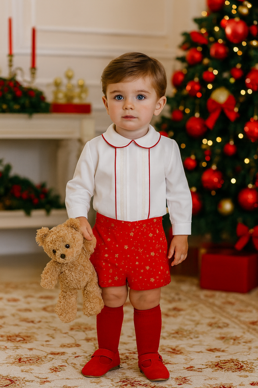Boys Red Stars Handmade Shirt & Short Set AW25 (Made to order)