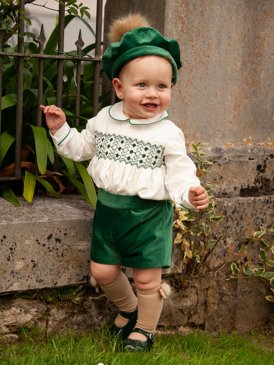 Sonata Boys Bottle Green Velvet Smocked Shirt & Short Set AW (Made to order)