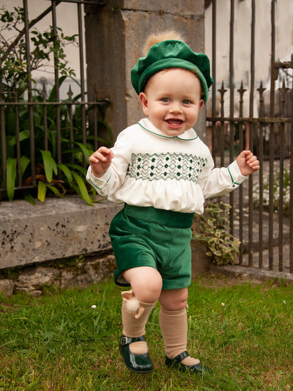 Sonata Boys Bottle Green Velvet Smocked Shirt & Short Set AW (Made to order)