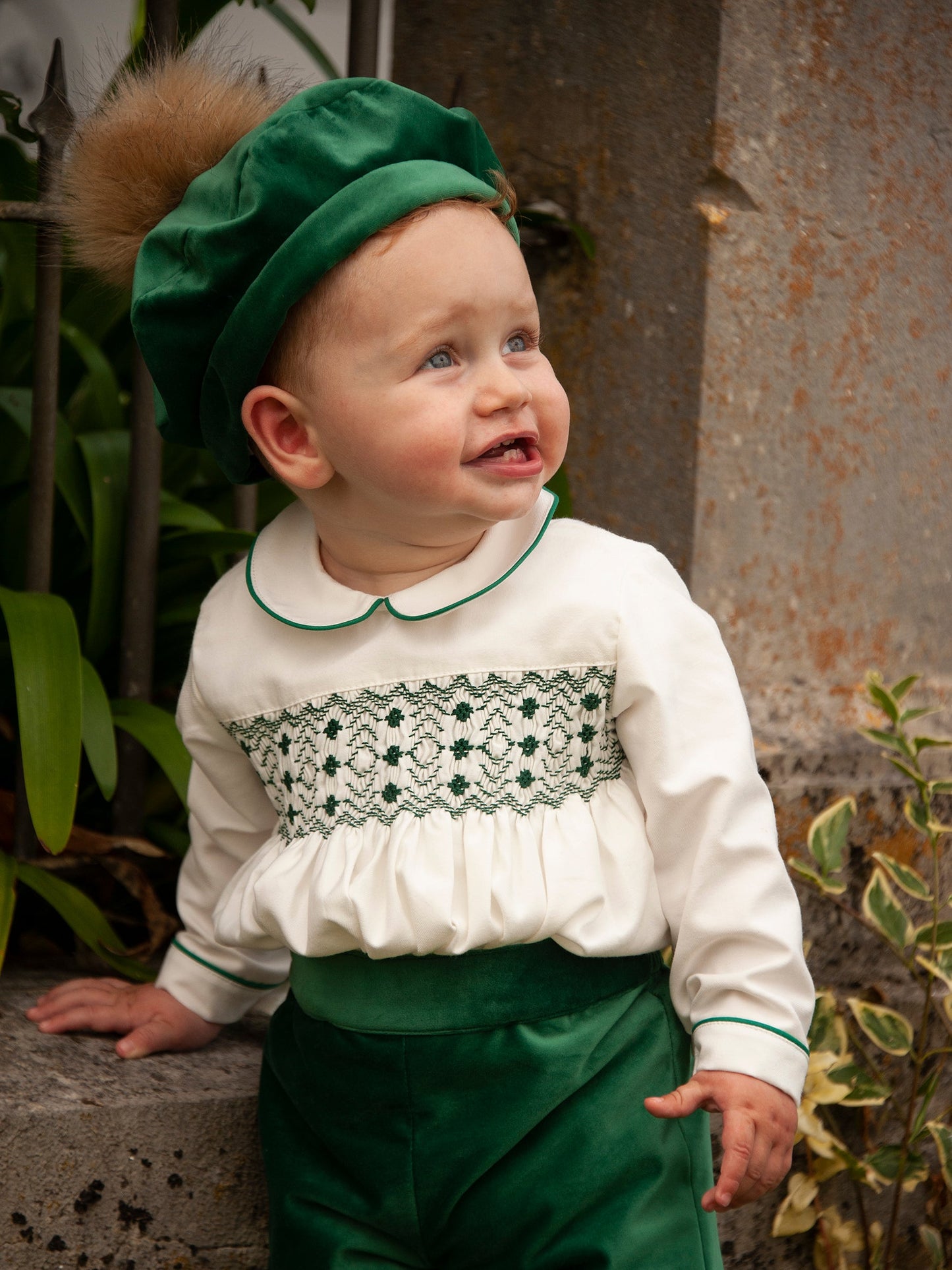 Sonata Boys Bottle Green Velvet Smocked Shirt & Short Set AW (Made to order)