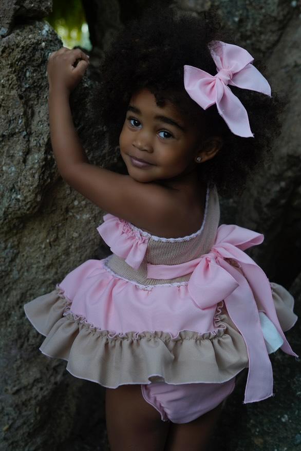 Ela Confeccion SS25 Girls Camel & Pink Dress, Knickers & Hair Bow - (Made to order)