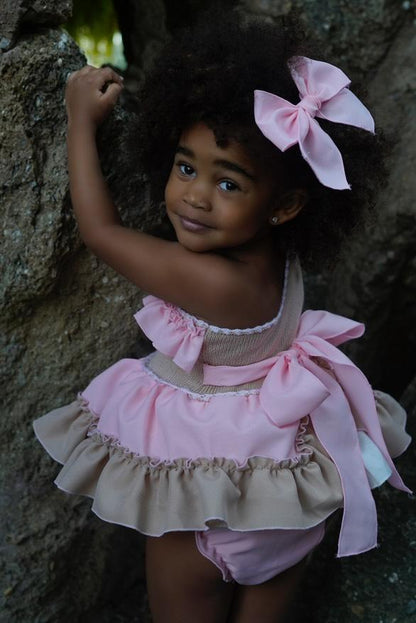 Ela Confeccion SS25 Girls Camel & Pink Dress, Knickers & Hair Bow - (Made to order)