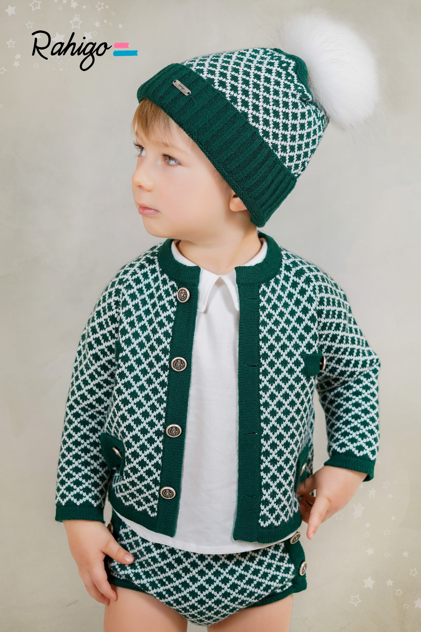 Baby Boys Bottle Green & Cream Cardigan, Shirt & Jam Pant Set AW25