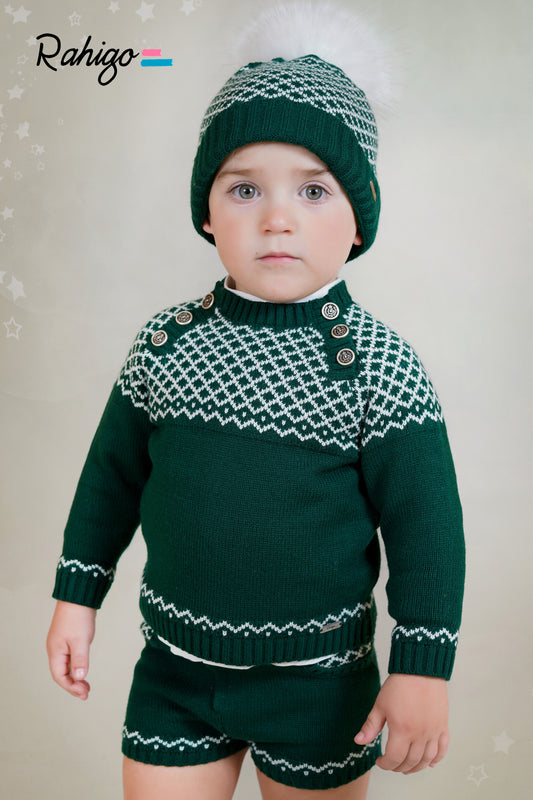 Boys Bottle Green 3 Piece Jumper, Short & Pom Hat Set AW25