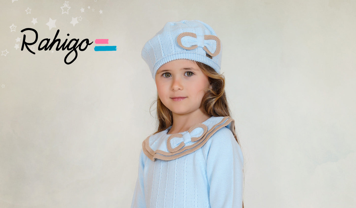 Girls Rahigo Baby Blue & Camel Beret AW25 - in stock 4 years