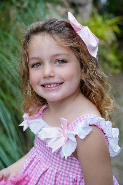 Ela Confeccion SS25 Girls Pink & White Gingham Print Dress, Knickers & Hairpiece - (Made to order)