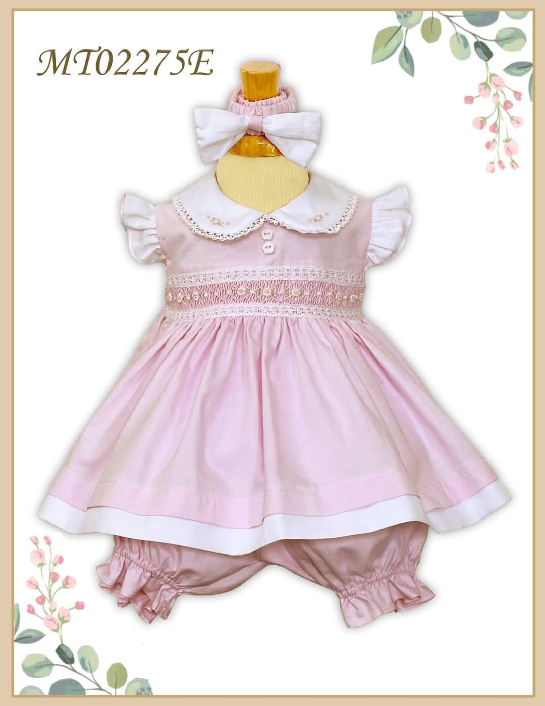 Girls Pink & White Smocked Dress Set