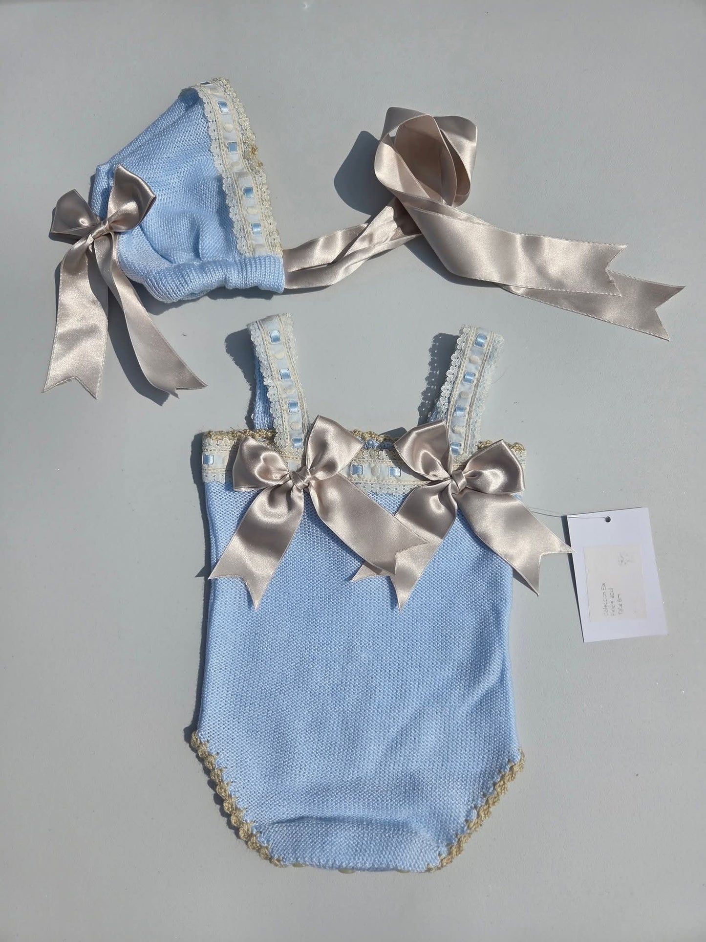 Baby Girls Hand Knitted Romper & Bonnet Set - (Made To Order)