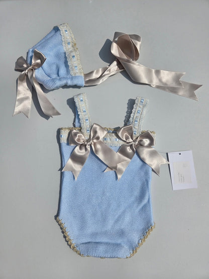 Baby Girls Hand Knitted Romper & Bonnet Set - (Made To Order)