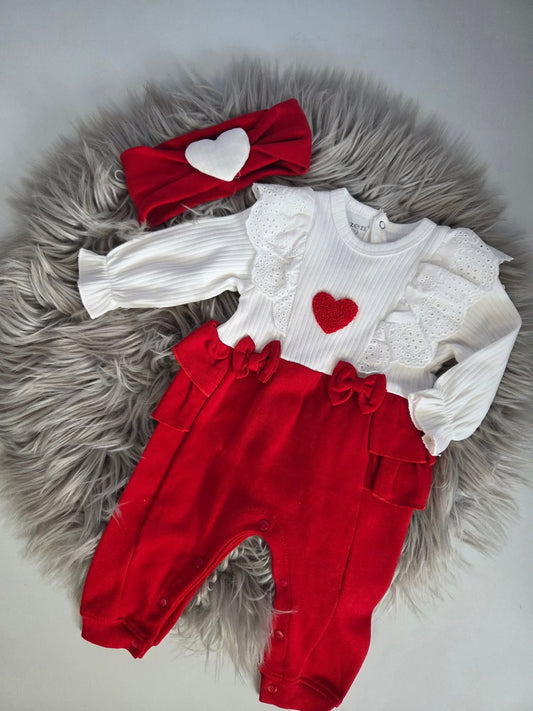 Girls Red Heart Romper with headband