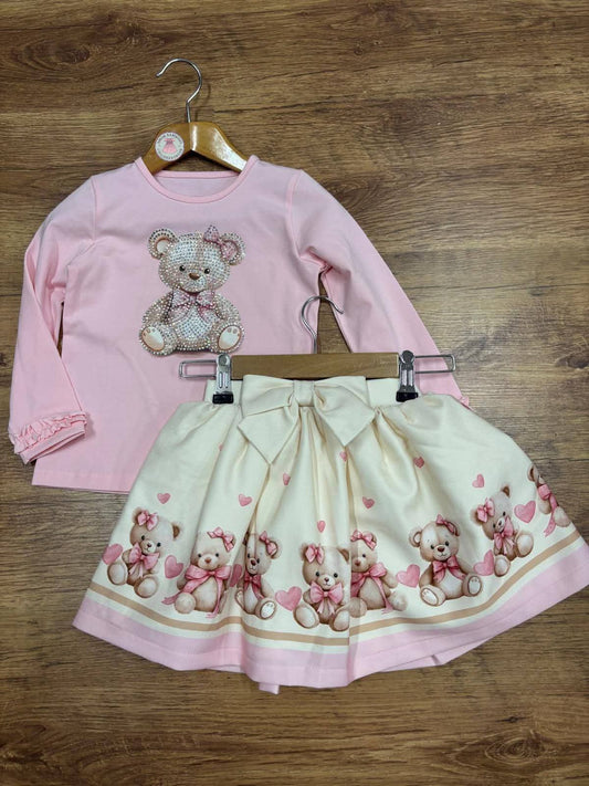 Girls Pink Teddybear Top & Skirt Set