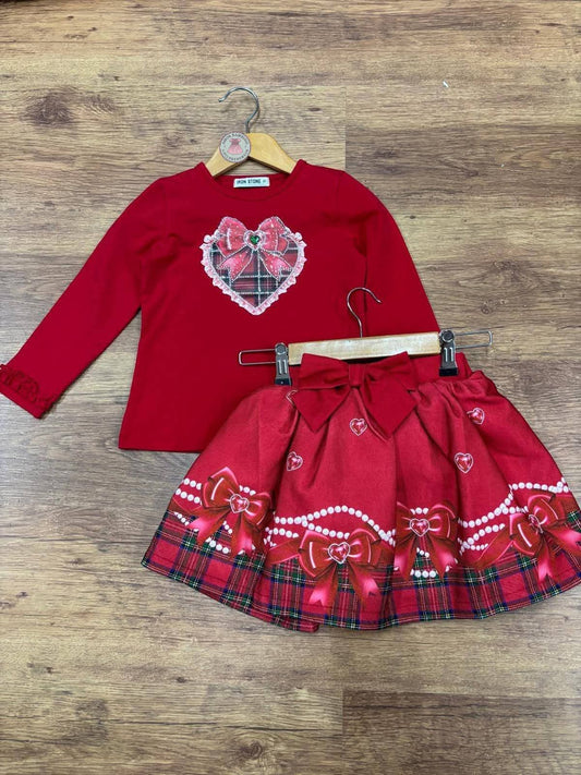 Girls Red Bow Top & Skirt Set
