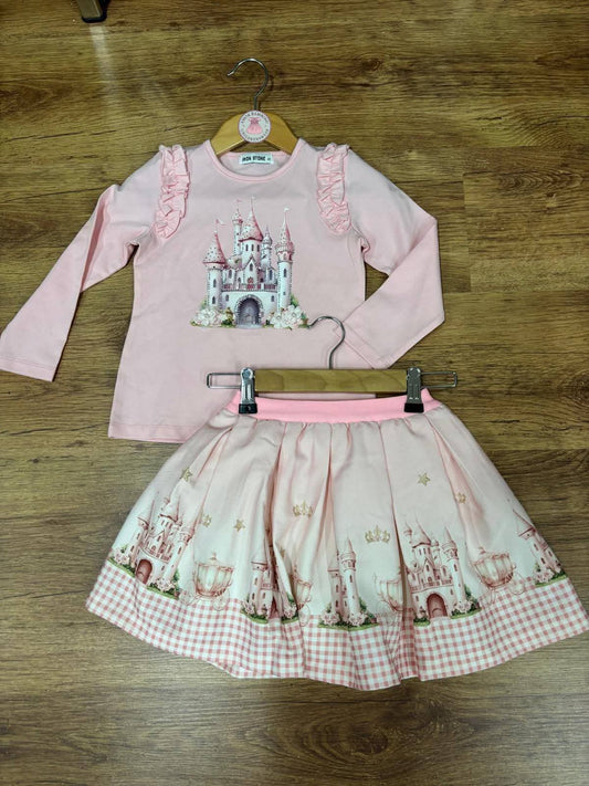 Girls Pink Castle & Carriage Skirt Set
